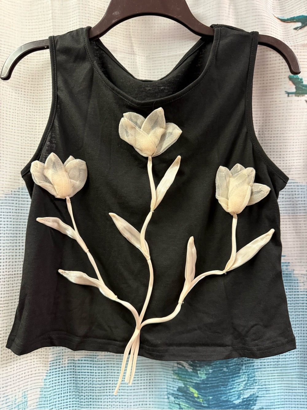Black Floral Appliqué Tank Top - Unbranded
